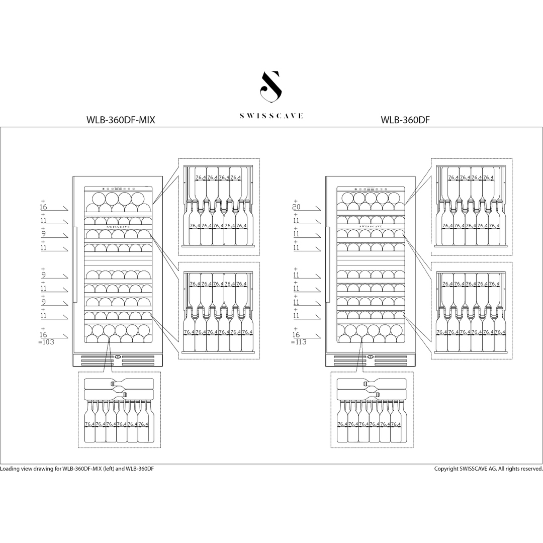 SWISSCAVE Premium - 600mm Dual Zone - 103 Bottle - Freestanding / Built in Wine Cooler - WLB-360DF-MIX