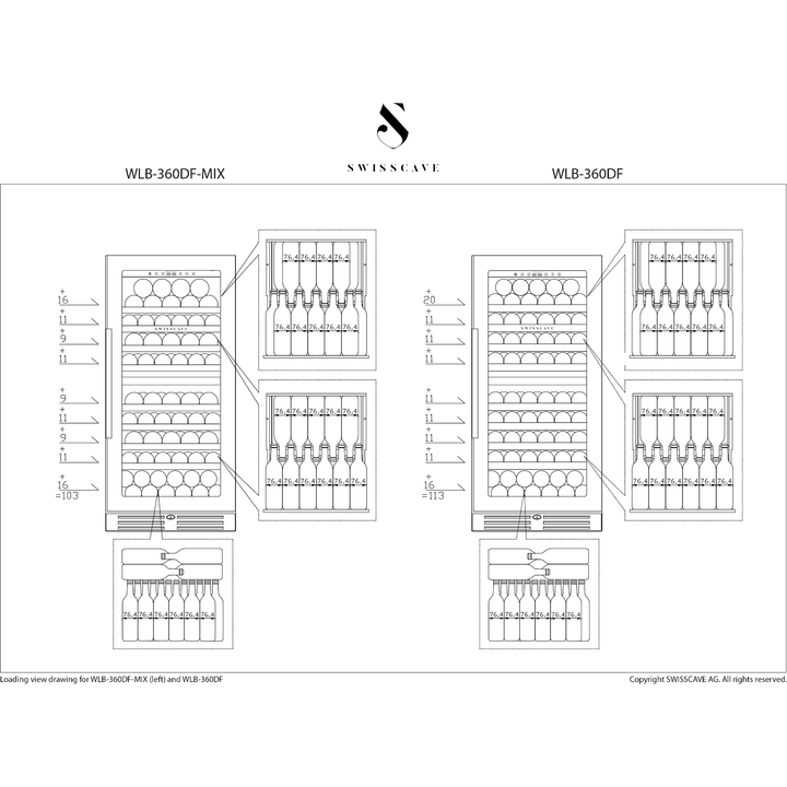 SWISSCAVE Premium - 600mm Dual Zone - 103 Bottle - Freestanding / Built in Wine Cooler - WLB-360DF-MIX