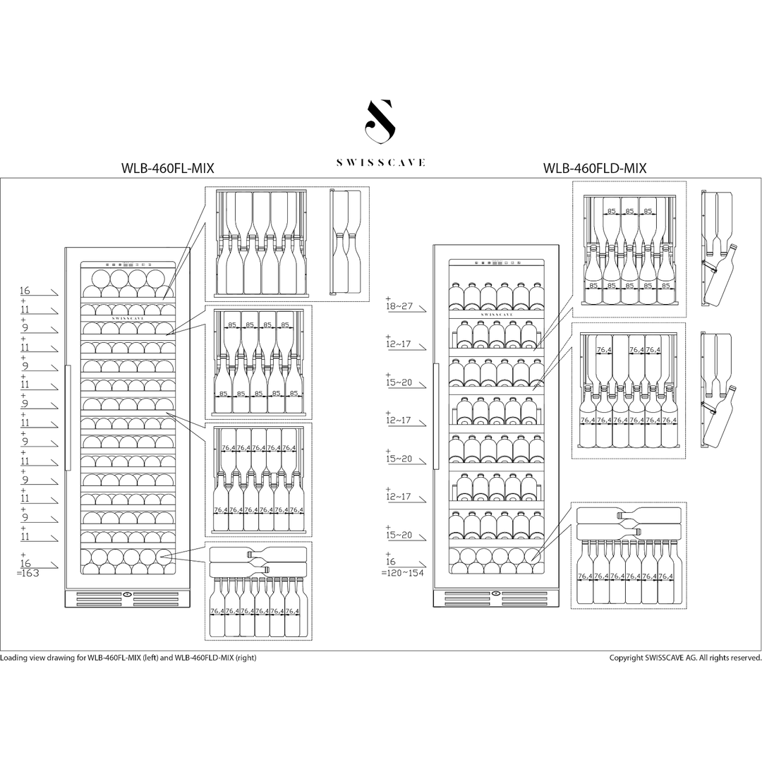SWISSCAVE Premium - 600mm - 163 Bottle - Freestanding / Built in Wine Cooler - WLB460FL-MIX - Sapele Shelving