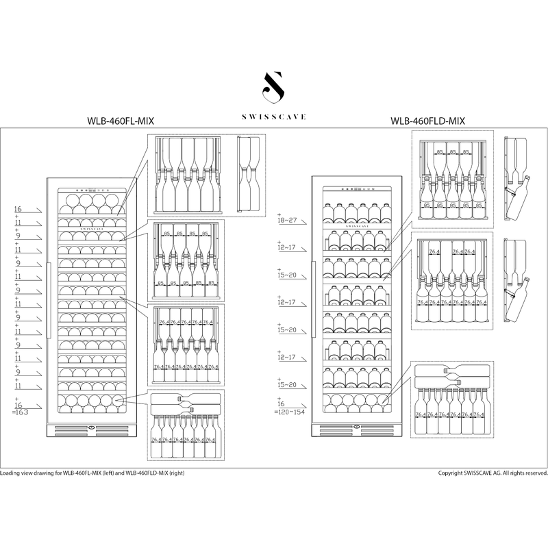 SWISSCAVE Premium - 600mm - 163 Bottle - Freestanding / Built in Wine Cooler - WLB460FL-MIX - Sapele Shelving